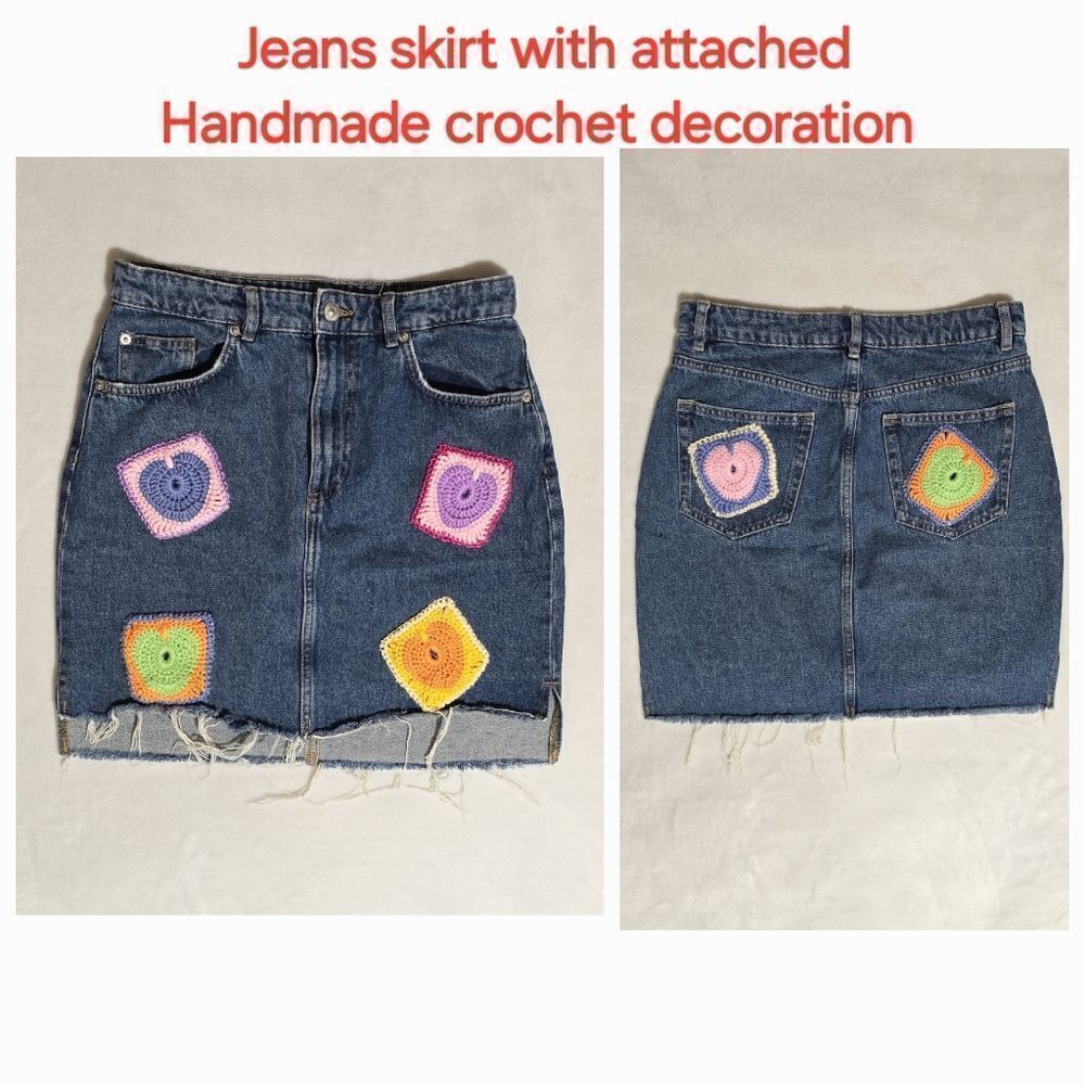 "H&M" Denim jeans skirt with handmade crochet decoration. Size 8